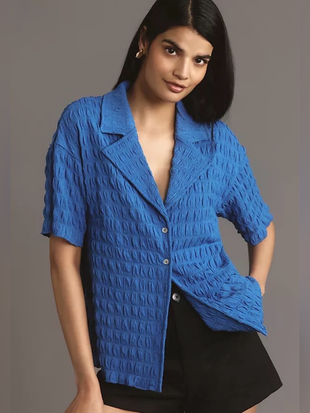 Eri + Ali Anthropologie Blue Textured Crinkle Button Front Shirt Womens Small